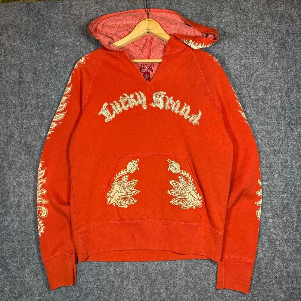 Lucky Brand Floral Embroidered Hoodie Cotton Blend Orange Womens Size L